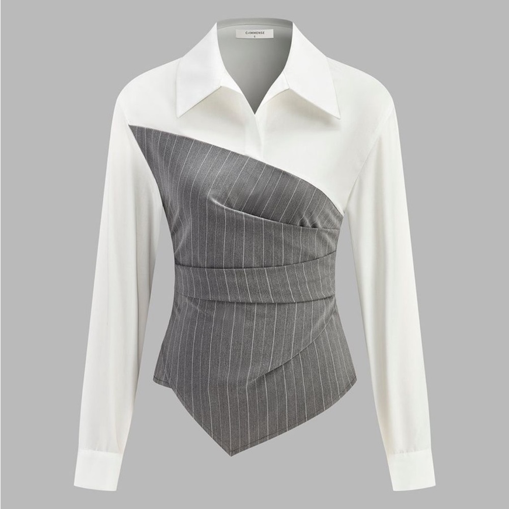 Structured Pinstripe Asymmetric Layered Shirt - White & Gray